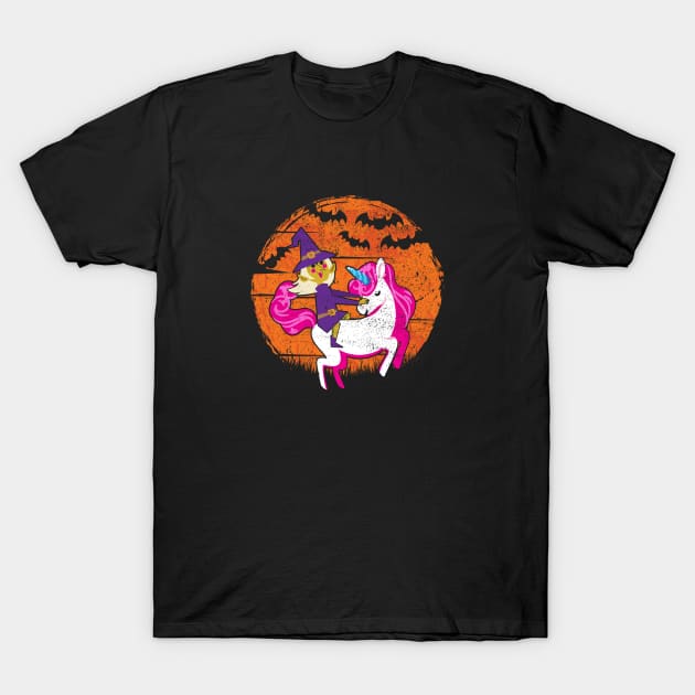 Witch Riding Unicorn Cute Halloween Design For T-Shirt by stockwell315designs